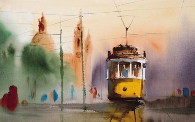 Aguarela - 'Lisboa - Eléctrico na Estrela' (37 X 102)