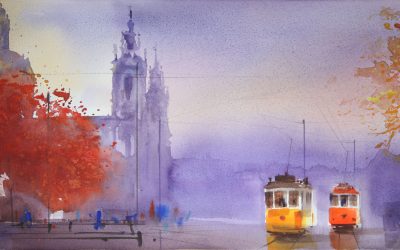 Aguarela - 'Lisboa - Eléctricos na Estrela' (37 X 102)